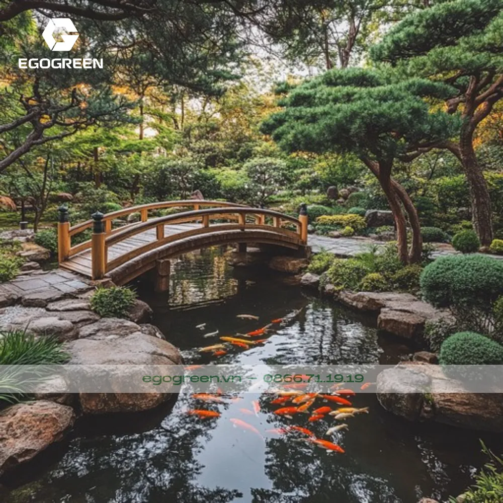 Hồ cá KOI được thiết kế cùng các tiểu cảnh.